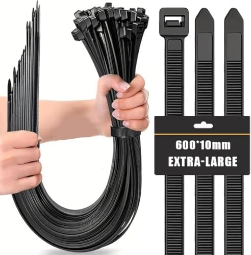 Caiery 100 Stück Große lange Kabelbinder 600 mm x 10 mm, UV-Beständig ultra starke Kabelbinder mit 100 kg Zugfestigkeit,Schwarz