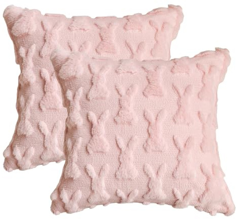 Artoid Mode Lot de 2 housses de coussin décoratives en velours - Motif lapin rose - 45 x 45 cm - Décoration de chambre à coucher