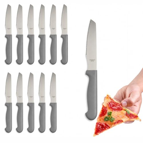 PALUPLUS Set 12 Coltelli per Pizza in Acciaio Inox, Lunghezza 21 cm, Lama Seghettata e Temprata, Impugnatura Ergonomica Nera, Coltelli da tavola per Bistecca e Pizza -009M -0,59