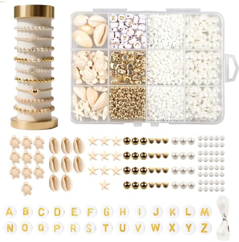 XIANJIA 1042 Stück Perlen für Armbände 7 Größen Weiß Perlen Set | Ebuchstabenperlen Edelstein Perlen für Erwachsene Mädchen zum DIY Armbänder Selber Machen Schmuck Halskette Ohrringe