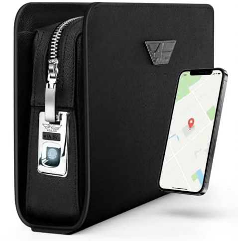 4FLY Männerhandtasche mit Fingerabdruck-Schloss & Smart Tracker Kompatibel mit Apple Wo ist? APP, Sicherheits-Handgelenktasche aus Leder für Herren, Clutch mit Kartenfach & 2 Fächer