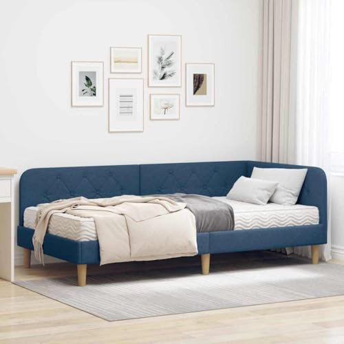 Mandloder Eckbettgestell mit Matratze, Blau, 90x200 cm, Stoffbezug, L-Form, Sperrholzrahmen, Einzelbett, modernes Design, vielseitig als Sofa nutzbar