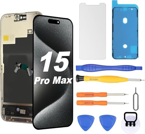 NB+ OLED Display für iPhone 15 Pro Max Displayreparatur [Soft OLED, Nicht Hard OLED], 3D-Touch Display Full HD Digitizer Baugruppe mit Reparatur-Werkzeugsatz, wasserdichter Kleber, Displayschutzfolie