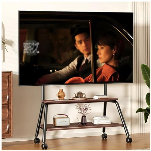 Support TV Mobile sur roulettes, Chariot TV avec Deux Étagères Rangement, Support Universel Téléviseurs 50 À 90 Pouces, Meuble TV Portable Home Cinéma Et Bureau.