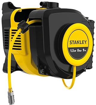 Stanley, SXCMD15WE Wall Mounted Air Hose 1.5 HP 8 Bar 9m, Useable with a Wide Range of Accessories and Pneumatic Tools.