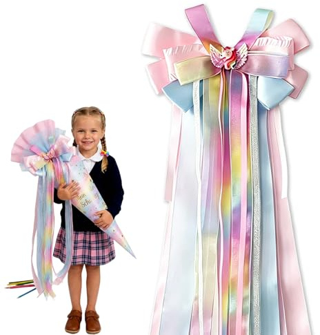 Schultütenschleife Einhorn 65×20cm mit 3D Einhorn-Applikation für Mädchen | Zuckertütenschleife Schleife Zuckertüten Schleife Schulanfang zur Einschulung Deko, Geschenk Schleifen für Mädchen Junge
