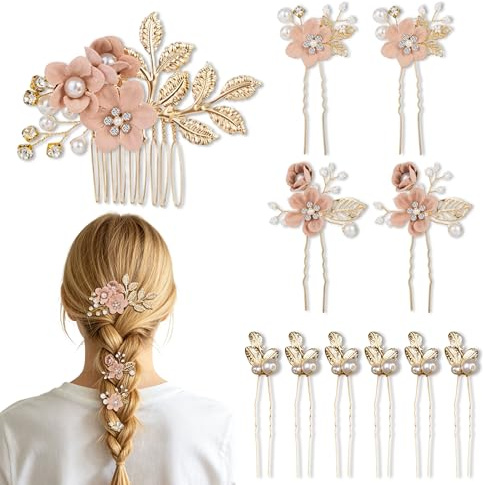 PYSEOSISE Fermagli per Capelli da Sposa, 11 Pezzi Accessori Capelli Sposa Rosa, Elegante Fiori Fermaglio Capelli Sposa Forcine per Capelli di Perle per Donna Matrimonio Cerimonia Festa
