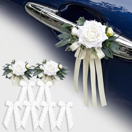 8 Stück Hochzeit Autoschmuck Autoschleifen Hochzeits Blume mit Saugnäpfen | Künstliche Simulation Blumen Hochzeitsauto Schleife mit Herzen Spitze für Spiegel Türgriff Antenne Deko Hochzei Tisch Kirche
