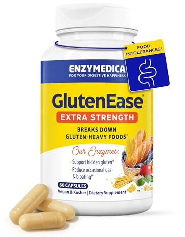 Enzymedica GlutenEase Extra Strength, Gluten Digestive Support with DPP-IV Enzymes, Helps Break Down Gluten and Casein, for Meals Out and Everyday Eating, 60 Vegan Capsules, SOYA Free, Non-GMO