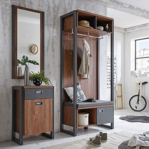 Lomadox Flur Garderobenmöbel Set im Industrial-Design Stirling-Oak-Nb & schieferfarbenen Absetzungen Kompaktgarderobenschrank & Sitzbank Polster Schubksten-Kommode & Wandspiegel