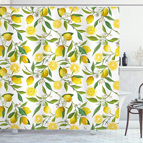 ABAKUHAUS Natur Duschvorhang, Exotische Garten, Stoffliches Gewebe Badezimmerdekorationsset mit Haken, 175 x 240 cm, Grün Weiß Gelb