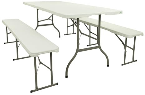 MaxxGarden Campingtisch Klappbar mit Bänken - Klapptisch Camping - Buffettisch - Tisch Multifunktionstisch Mit Griff Zum Tragen - Wetterfest Tragbar - Kunststoff - Faltbar - Klapptisch Garten - Weiß