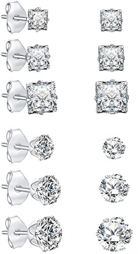 Edelstahl Silber Ohrstecker für Herren,6Pairs Diamant Männer Ohrstecker,Hypoallergenice Chirurgenstahl Ohrringe,4/5/6MM Knorpel Sleeper Ohrringe,Ohrringe Set,Ohrringe Silber,Edelstahl Ohrringe Damen