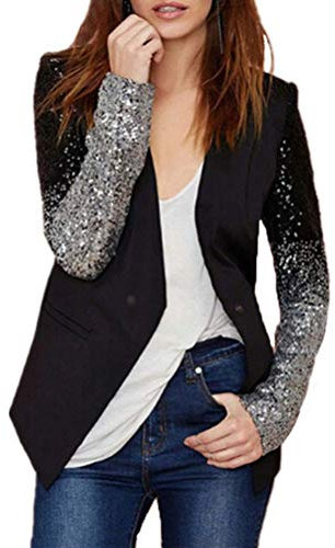 Onsoyours Blazer Damen Glänzend Pailletten Jacke Cardigan Langarm Pullover Vintage Classic Unikat Tops Oberteile Eleganter Glitzer Party Punk Outfits Clubwear A Schwarz 44