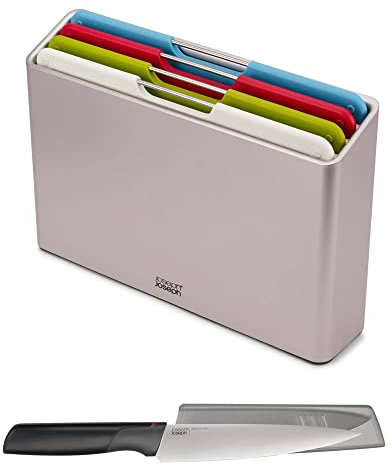 Joseph Joseph Folio – 4-teiliges Schneidebrett-Set mit Aufbewahrungskoffer und KOSTENLOSEM japanischem Elevate-Messer aus Edelstahl, Kunststoff, Silber