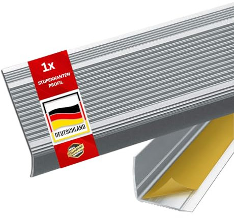Floordirekt Treppenkantenprofil in L-Form aus Aluminium 1 Stück. 134x3.5x3cm | Selbstklebend | Silber für Parkett und Laminat Inkl. Montagematerial | Stufenkantenprofil in 3 Längen & 4 Farben Integral