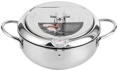 Mini olla para freír de acero inoxidable de estilo japonés, olla para freidora, cocina, pescado, camarones, mini sartén profunda, freidora sin recubrimiento con termómetro, escurridor(L 24cm)