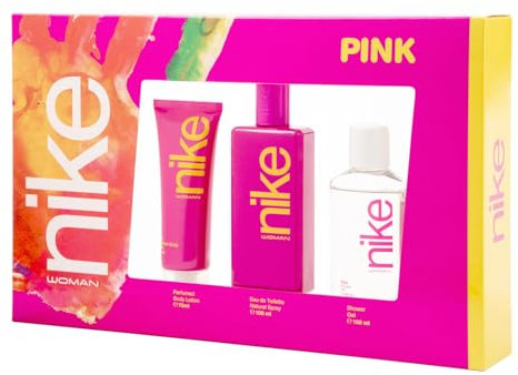 NIKE - Pink Colonia 100 ml + Crema Corporal 75 ml + Gel de Baño 100 ml, Estuche de Regalo Mujer, Eau de Toilette Natural y Femenina, Aroma Floral Afrutado, Fragancia Fresca, Seductora y Duradera