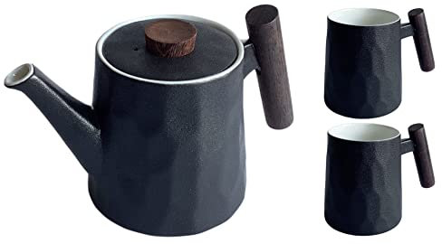 Dekomiro Set 3 Teil. Teeservice TeaLogic Teekanne Negra mit Holzgiff und 2 Becher Negra mit Holzgiff