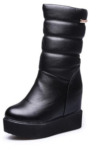 Stivali interni aumentati da donna con zeppa a metà polpaccio stivali da donna alla moda peluche in pelle calda stivali da neve punta rotonda tacchi alti da donna (colore: nero, taglia scarpa: 34)