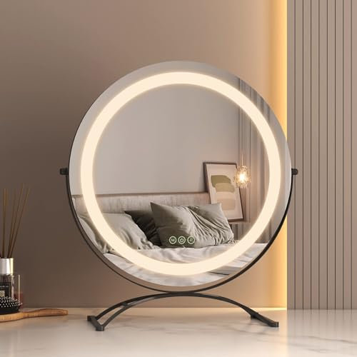 EMKE Hollywood Spiegel mit 3 Lichtfarben, Φ40CM Schminkspiegel mit Beleuchtung, Smart-Touch Schminktisch Spiegel mit Licht 360° drehbar, dimmbar und mit Memory-Funktion - Schwarz
