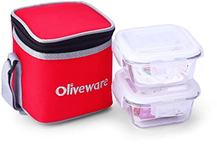 SOPL-OLIVEWARE Deluxe Glassware Lunchbox, Borosilicate Glass, Microwave & Freezer Safe, 2 containers with BPA Free Airtight Lids (320ml) - Red