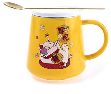 lachineuse - Tasse Chat Maneki Neko 250ml - Mug Jaune en Porcelaine avec Couvercle & Cuillère - Mug Japonais Original à Thé & Café - Chat Japonais Kawaii Lucky Cat - Idée Cadeau Japon Asie