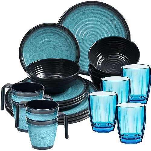 Melamin Geschirr Set 20 Teile elegante Steingut Optik in blau mit Tassen Wasserglas 320 ml blau - für 4 Personen | Essgeschirr Gläser Wasserglas Tumbler Whiskey Campinggeschirr Camping Outdoor