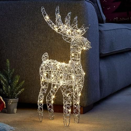 Marco Paul Large 45cm Light Up Gold Reindeer Christmas Decoration Battery Operated Stag with 60 Warm White LEDs & Auto Timer Wire Deer Ornament Festive Xmas Indoor Home Décor