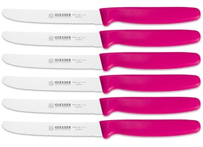 Giesser Messer - Made in Germany - 6er Set Brötchenmesser Tomatenmesser Küchenmesser Allzweckmesser Universalmesser Gemüsemesser 3mm Wellenschliff Klingenlänge 11cm Pink