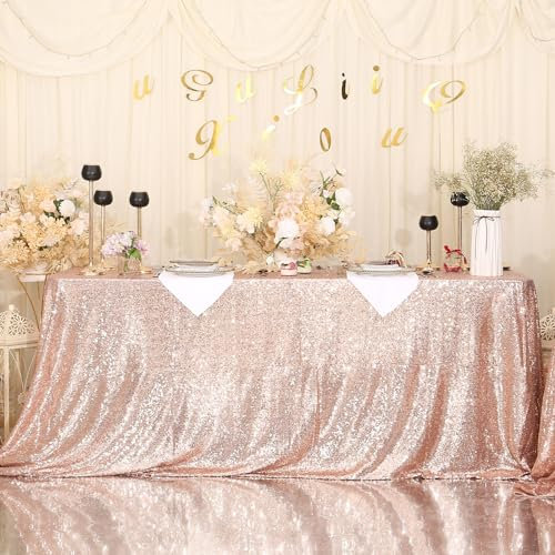 Eternal Beauty Tovaglia con paillettes, color oro rosa, 127 x 183 cm, glitterata, per feste, compleanni, matrimoni, Natale, Capodanno, decorazioni natalizie