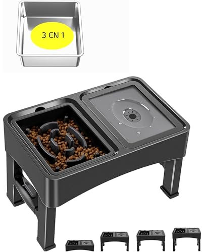Gamelle pour Chien surélevée avec 3 Bols (Anti glouton, Anti éclaboussement, INOX) avec 4 Tailles Ajustables. Gamelle 3 en 1 Pliable Facile à Utiliser et à Nettoyer pour Le Bien être de Votre Animal.