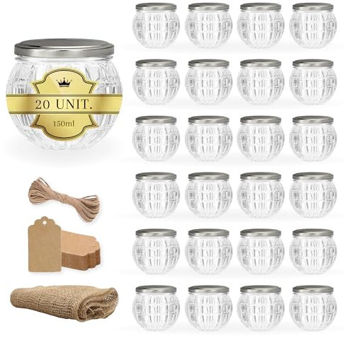 Espirito Rebelde 20 Pots en Verre Format Grenade 150 ml avec Couvercle Argenté + Étiquettes Kraft + Tissu et Fil de Jute | Idéaux pour Confitures, Conserves, Miel | Verre à Cocktail