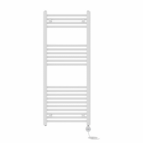 NRG Prefilled Straight Electric Towel Rail White 1200x500mm 600W Touch LCD | Modern Designer Radiator, Prefilled Glycol, IPX4, 2-10h Timer, T-Piece, No WiFi, No Valves