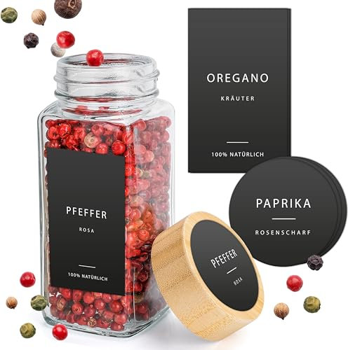 Happy Lemuro Gewürzetiketten selbstklebend [240 Stück] Gewürzaufkleber auf Deutsch, Gewürzgläser Etiketten - wasserfest - Gewürzetiketten rund & eckig - schwarz - Aufkleber für Gewürzgläser
