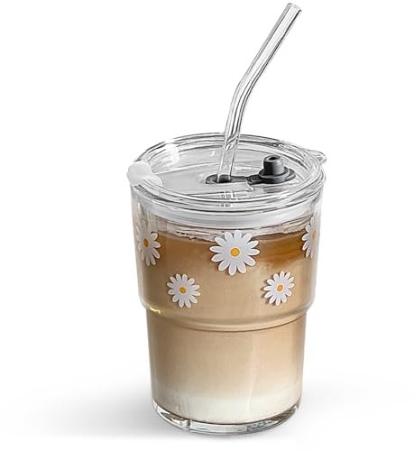 Olvini 13oz Glass Tumbler with Straw and Lid, Reusable Iced Coffee Cup Tumbler, Cute Glass Cups for Water, Matcha, Travel Coffee Mugs (Daisy)