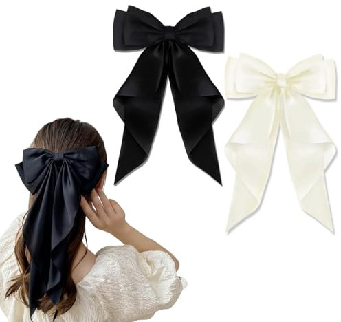 Fiocchi per Capelli per Donna,2PCS Fiocchi per Capelli in Raso Mollette Grandi con Fiocco fermagli per Capelli Francesi per le donne ragazze (nero + bianco)