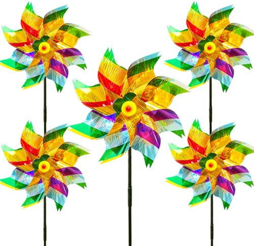 Reflective Bird Scarer Windmill,Repellent Windmills Scare Birds pigeons deterrent,Colorful Rainbow Pinwheel wind spinners for protection of garden crops, fruits, flowers, lawns (5Pcs-C)