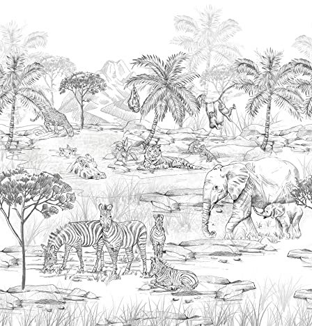 papier peint panoramique animaux de la jungle noir et blanc 2.5 x 2.79 m - ESTAhome