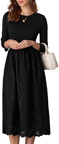 GRACE KARIN Damen Kleider Große Größen Elegantes Lockeres Midikleid Rundhalsausschnitt Lange Ärmel Lässiges Kleid Spitzen-Patchwork-Kleid XXL Schwarz