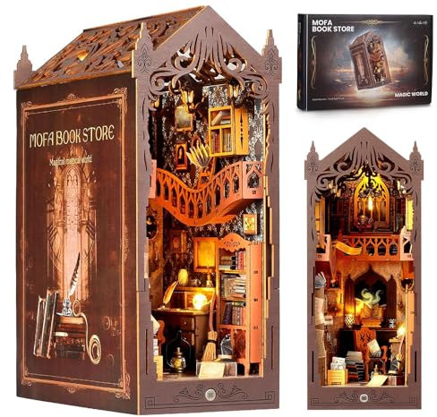 Dhqkqg DIY Book Nook Kit Mit Staubschutz Und LED-Licht, Puppenhäuser Miniatur Haus Kit,3D Holzpuzzle Book Nook Puppenhaus Kit,Buch Ecke Miniatur Kit,Bücherregal Deko,Kreativen Geschenken (Bibliothek)