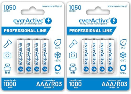 everActive Akku AAA 1050 mAh 4 Stück, NI-MH, Micro R03, wiederaufladbar, vorgeladen, höchster Leistung, Professional Line 1.2V, 1 Blisterkarte, Weiss, EVHRL03-1050 (Packung mit 2)