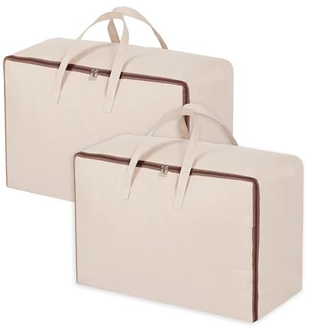 Puedno 2pcs Cotton Canvas Storage Bag Natural Cotton Closet Organizer Bag Soft Breathable Storage Bag for Beddings Comforters Clothes Pillows, 60×40×30cm