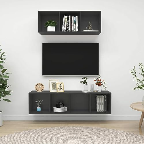 Buzaza Ensemble de Meuble TV 2 pcs Gris Aggloméré,Meuble TV,Table Basse Salon Meuble TV,Table Basse LED Couleurs