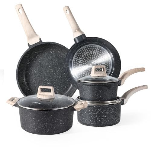 Carote Set di pentole antiaderenti in granito, 8 pezzi, padelle e pentole con coperchio, senza PFOA, effetto pietra nera, con manici in legno, set per friggere e soffriggere sani