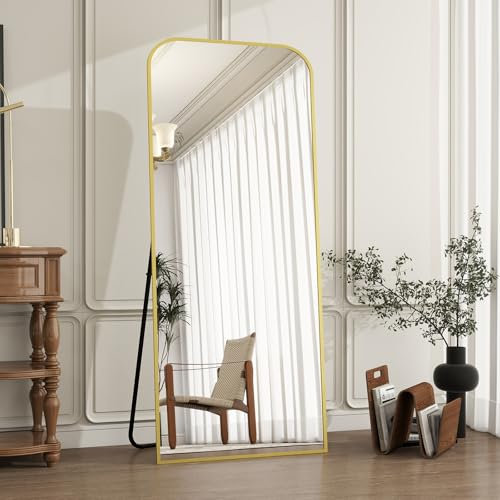 Koonmi Top Gebogene Ecken Standspiegel 52x142 cm, Ganzkörperspiegel bruchsicher Boden Körper Spiegel in voller Länge Modern Wundervoll für Wohnzimmer Schlafzimmer Flur, Gold