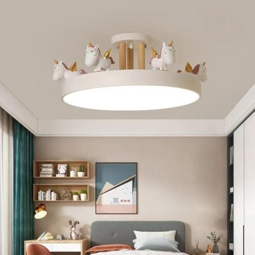 LED Deckenleuchte Weiß Einhorn Kinderzimmer Lampe Dimmbar Modern Kreativ Kinder Deckenlampe mit Fernbedienung Hängelampe 52cm Rund Acryl Dekorative Kronleuchter Schlafzimmer Jungen Mädchen Beleuchtung