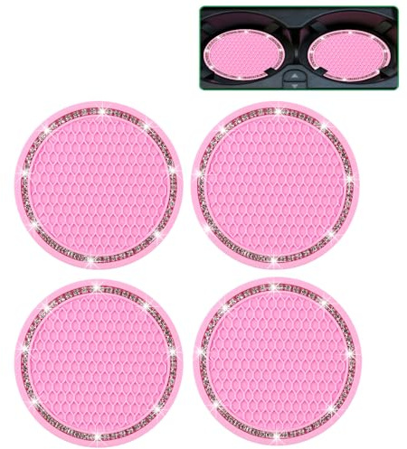 Bailinks Lot de 4 Dessous de Verre de Voiture antidérapants en Silicone, Accessoires intérieurs élégants avec Strass Cristaux, universels sous-Verres pour Voitures (Rose)