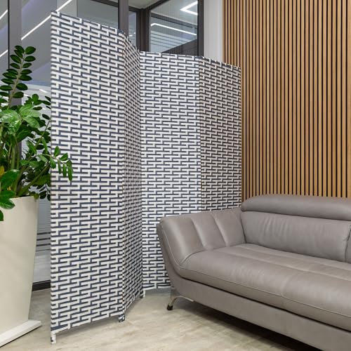 HEXIM Paravent 180x180 cm - Trennwand 4-teilig klappbar für Innenbereich - Dekorativer Blickfang Privatsphäre Raumteilung Innenbereich (L24102 dunkelblau & weiß)