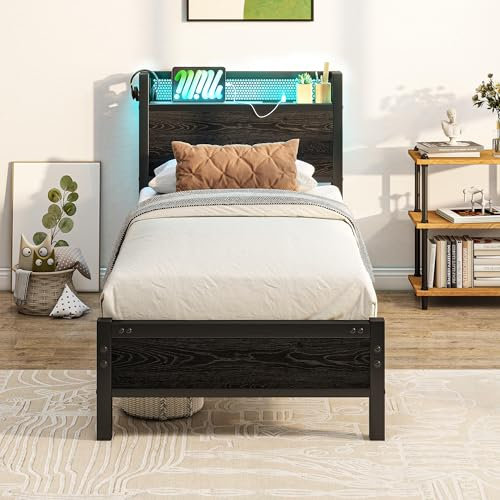 MOFLUT Single Bed Frame with Wooden Storage Headboard Shelf, 3ft Wooden Bed Frame Single Bed with Charging Station/USB Ports and LED Lights, Black